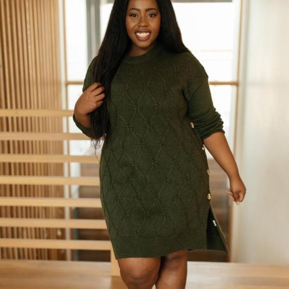 Diamond Details Sweater Dress in Olive - Picture 1 of 5